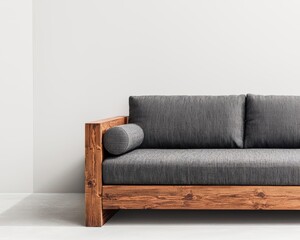 Minimalist wooden sofa with floating side panels, highend craftsmanship, seamless luxury aesthetic