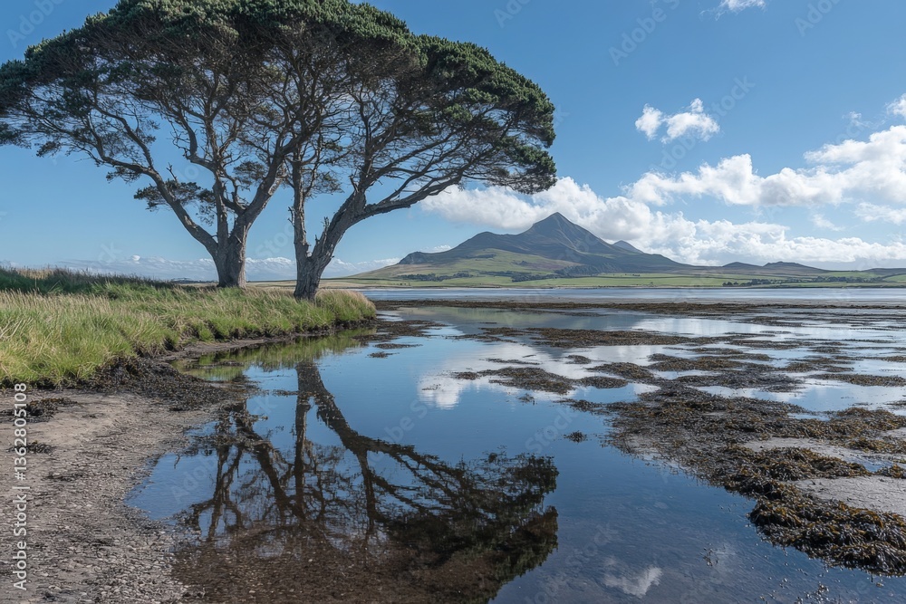 Poster tranquil landscape with a tree reflecting in water by a mountain under a clear sky in the late after