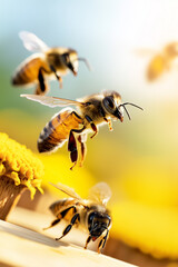 Bees flying around bright yellow flowers in vibrant garden. Sunny day setting highlights importance of pollination in ecosystems. Concept of gardening, nature conservation, agriculture