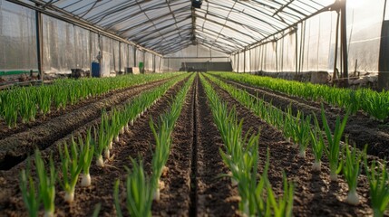 Growing shallot onion harvest and producing vegetables cultivation. Concept of small eco green business organic farming gardening and healthy food	
