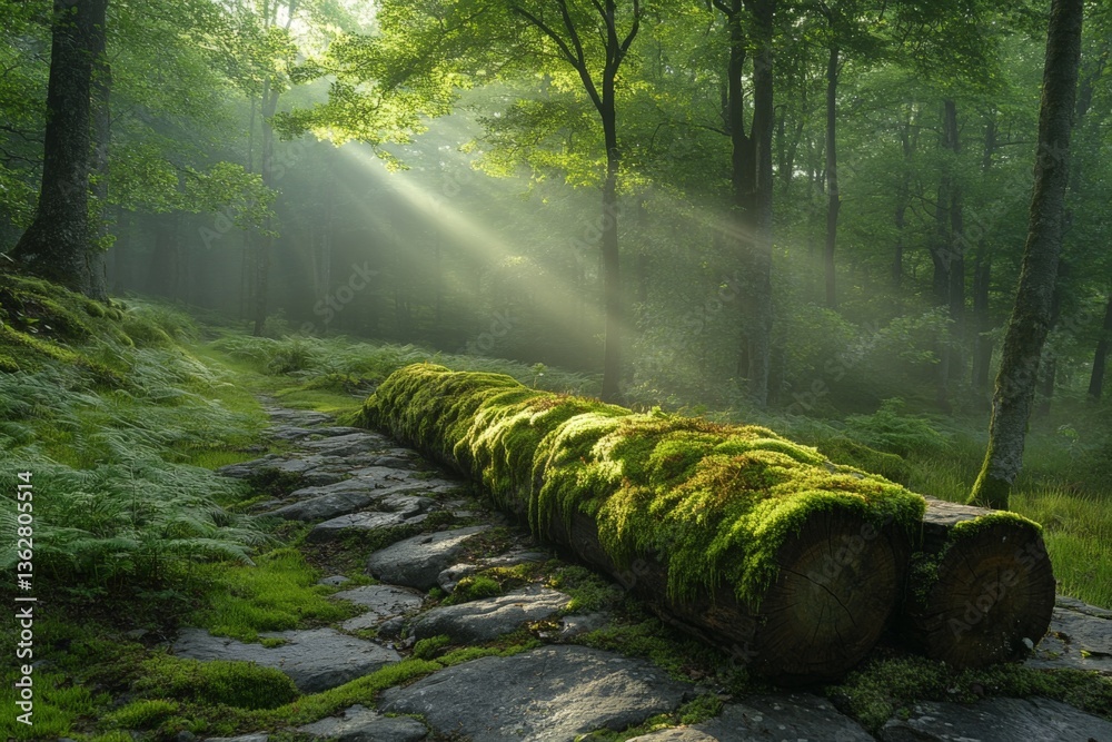 Aufkleber moss-covered log on a rocky path in a misty forest during early morning light