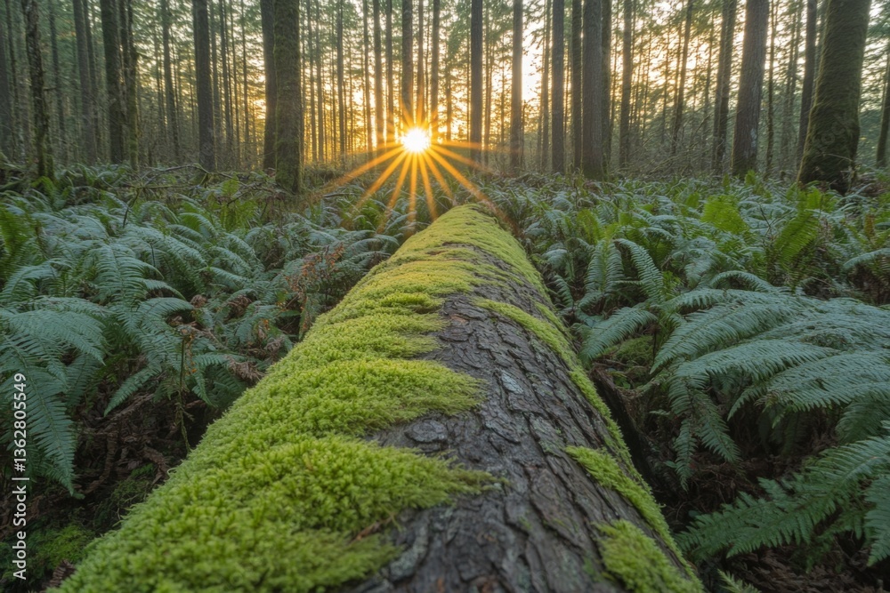 Aufkleber sunrise illuminates a moss-covered log amidst lush ferns in a tranquil forest setting