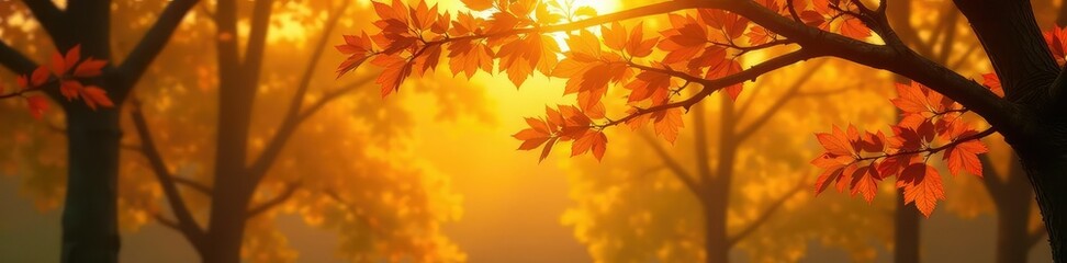 Fototapeta premium Branches of a deciduous tree against a warm golden light background, foliage, tree
