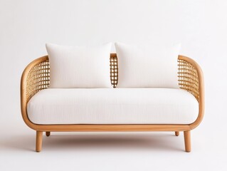 Light oak minimalist sofa with handwoven accents, bohemian luxury, soft cotton cushions, serene setting
