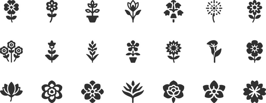 Flower and botanical icon set. Vector glyph pictograms of magnolia, dahlia, calla lily, primrose, snapdragon, nature, garden, and floral decoration concept black silhouette illustration.