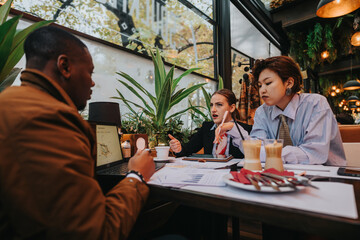 A group of multicultural business individuals engage in collaboration and analysis within a stylish cafe environment, discussing strategies and sharing ideas over coffee.