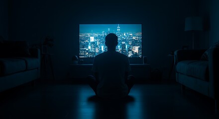 Obraz premium Person Seated on the Floor in Dimly Lit Room, Engrossed in Television Show, City Scene with Bright Light Source on Screen, Deep Focus on Movie or TV, Cozy and Atmospheric Home Setting