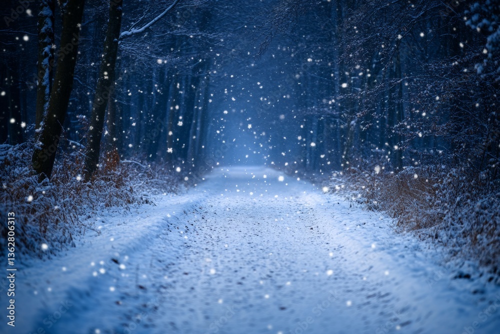 Poster snow falls softly on a tranquil forest path during a quiet winter evening in the heart of nature