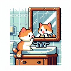 cat illustration design looking in the mirror, pixel art