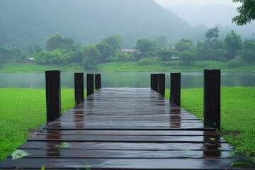 Naklejka premium Wooden pier extending over a serene lake in a lush landscape during a rainy day