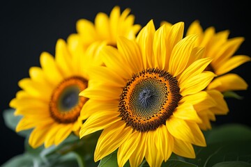 Fototapeta premium Sunflowers in vibrant bloom showcasing bright yellow petals against a dark backdrop