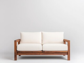 Lowprofile wooden sofa, solid dark walnut frame, soft modern minimalism, warm and cozy ambiance