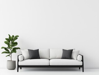 Darkstained oak sofa with minimalist geometric structure, luxury modern appeal, neutraltoned cushions