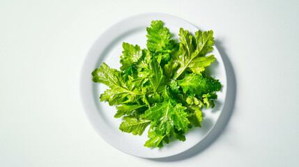 Fresh melissa leaves on white plate for natural culinary themes