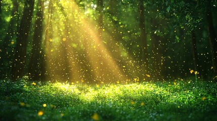 Sunbeams and glistening specks illuminate a vibrant, grassy forest scene