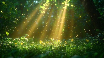 Enchanting Forest Glade with Sunbeams and Glimmering Particles Effect