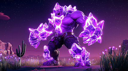 Huge purple crystalline creature in a desert landscape at night