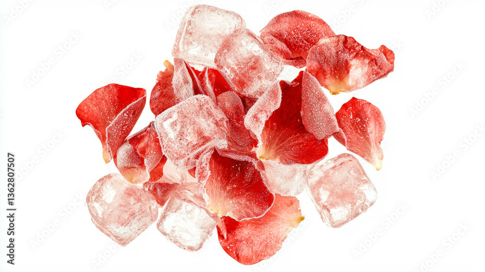 Poster frozen red rose petals with ice cubes: capturing elegance and freshness for creative design