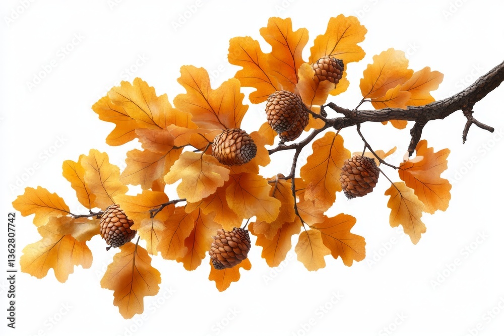 Poster bright autumn leaves with acorns hanging from a branch in a natural setting during the fall season