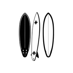 A simple black and white vector silhouette of three surfboards leaning against each other on a clean white background.