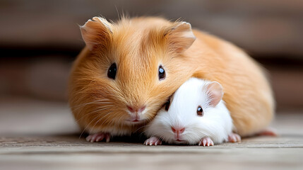 Fototapeta premium Two Adorable Guinea Pigs Cuddle Close Up