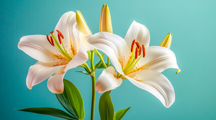 Obraz premium Graceful blooming lilies with vibrant buds, isolated on a clean background