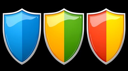 Three Glossy 3D Rendered Shields: Blue, Yellow-Green, Red-Yellow AI Generated