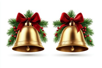 Festive gold bells decorated with red bows and greenery for a joyful holiday celebration