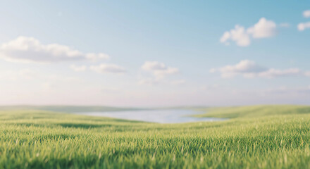 Obraz premium A grassy field with a lake and a cloudy blue sky above
