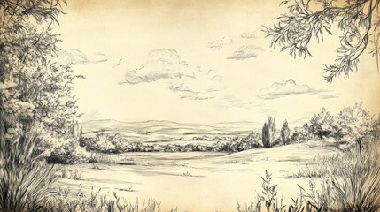 Fototapeta premium Vintage Ink Sketch of a Nature Scene on Aged Paper with Fine Details
