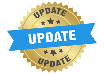 update. update round blue and gold label isolated on transparent background