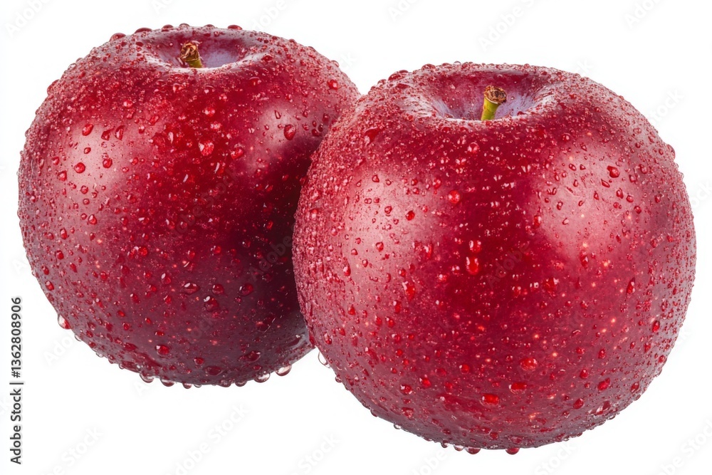 Poster Fresh red apples with droplets of water on their surface, showcasing vibrant color and texture in a bright setting
