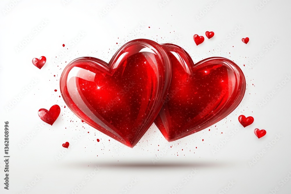 Poster two glossy red hearts surrounded by smaller hearts and sparkles create a festive atmosphere for love