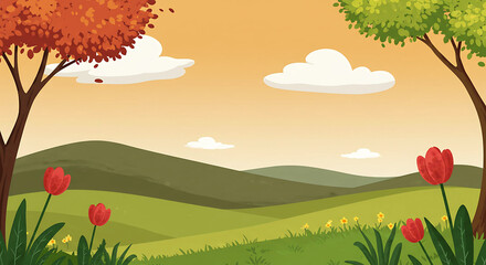 Fototapeta premium Cartoon landscape with trees, hills, flowers and clouds