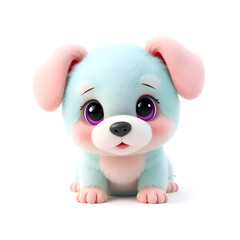 Fototapeta premium Dog – 3D baby dog, fluffy, cute round body, big ears, light turquoise and pink tones, white background Generative AI