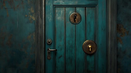 Teal Wooden Door: A Detailed 3D Render of an Antique Entrance AI Generated