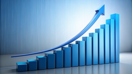 blue upward-trending arrow arching over a bar graph, also made of blue. The bars increase in height, showing significant growth
