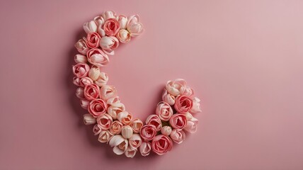Floral Letter C Composition Made of Pink Roses and Tulips on Pink