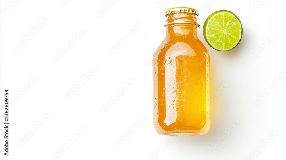 Poster refreshing ginger beer in glass bottle with lime garnish on white background