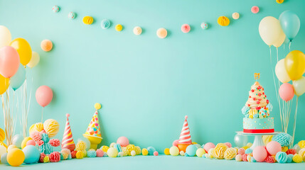 Light teal background birthday border featuring colorful balloons, party hats, and festive decorations for a cheerful celebration