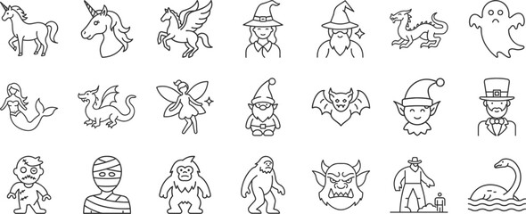 Fantasy creature line icon set. Vector pictograms of unicorn, pegasus, dragon, witch, wizard, ghost, vampire, zombie. Mythical beings and monsters thin linear illustration.