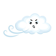 Cute sad kawai cloud. An angry cloud blows, creating wind. Vector cartoon style comic, weather icon.