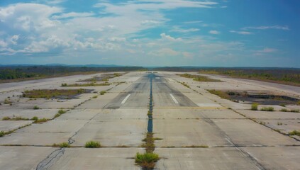 An Abandoned Runway, Once Vibrant, Now Overgrown and Surrounded by Clear Blue Sky