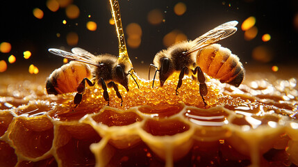  honeycomb hive with bees and honey, macro spring nature photography
