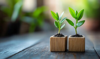 Two young plants thriving in small wooden pots, symbolizing growth and nature's beauty. Set on a weathered wooden table