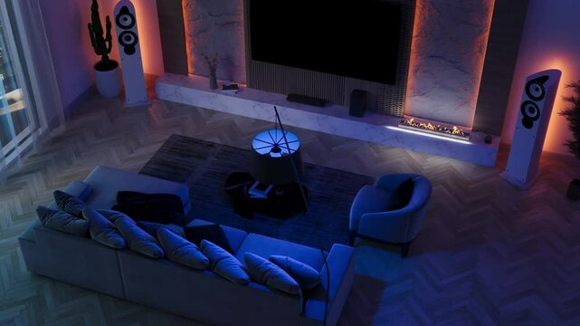 View of the interior from above. Modernly furnished living room with variable LED lighting modes