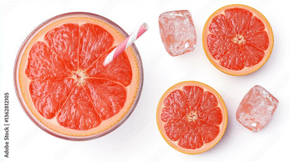 Aufkleber Refreshing grapefruit juice in a glass with ice cubes and sliced citrus for summer enjoyment