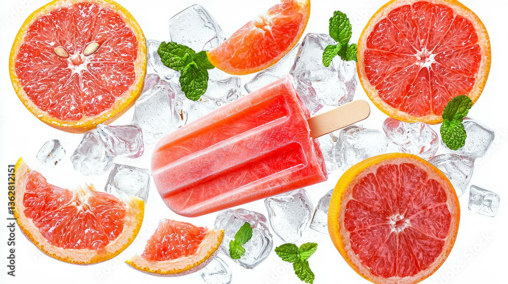 Poster refreshing grapefruit popsicles with citrus slices on ice for summer dessert