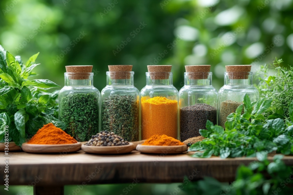 Poster Colorful display of spices and herbs in glass jars on wooden table at a garden setting during daylight