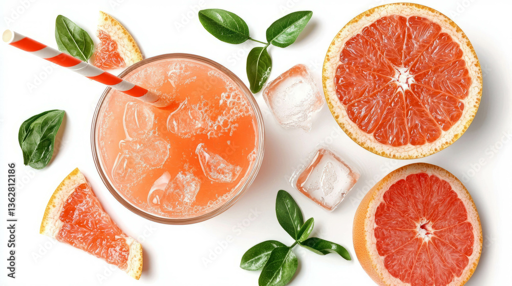 Poster Refreshing grapefruit juice with ice and fresh leaves for summer refreshment design